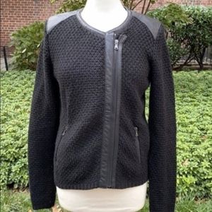 Line Leather Trim Wool Knit Moto Jacket